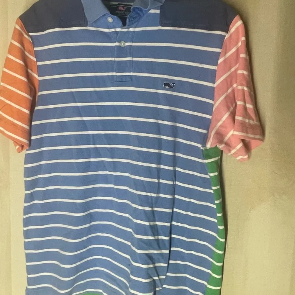 Vineyard Vines blue green‎ pink white shirt sleeve striped polo shirt, medium